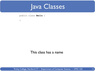 Java Classes
      public class Hello {

      }




                 This class has a name



Trinity College, Hartford CT • Department of Computer Science • CPSC 225   14
 