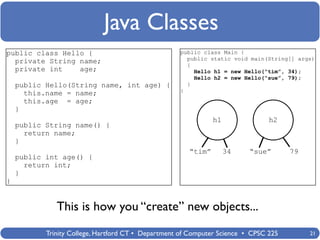 Java Classes
public class Hello {                                public class Main {
                                                      public static void main(String[] args)
  private String name;                                {
  private int    age;                                   Hello h1 = new Hello(“tim”, 34);
                                                        Hello h2 = new Hello(“sue”, 79);
    public Hello(String name, int age) {              }
                                                    }
      this.name = name;
      this.age = age;
    }
                                                               h1               h2
    public String name() {
      return name;
    }
                                                       “tim”        34    “sue”       79
    public int age() {
      return int;
    }
}


              This is how you “create” new objects...
           Trinity College, Hartford CT • Department of Computer Science • CPSC 225        21
 