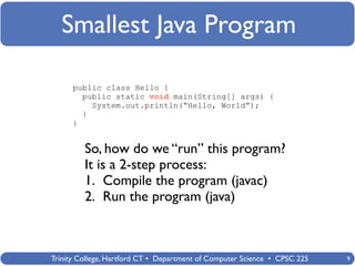 Smallest Java Program

      public class Hello {
        public static void main(String[] args) {
          System.out.println(“Hello, World”);
        }
      }


         So, how do we “run” this program?
         It is a 2-step process:
         1. Compile the program (javac)
         2. Run the program (java)



Trinity College, Hartford CT • Department of Computer Science • CPSC 225   9
 