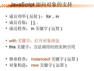 Աо (  )  for .. in Աȡ [ ], . Ա飺 in ؼ (  ) with ؼ֣򿪶հ this ؼ֣ʱʵ ̳м飺 instanceof ؼ (  )  죺 new ؼ (  ) JavaScript ֧ 