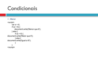 Condicionais
< : Menor
<script>
var a = 6;
if (a < 6) {
document.write('Menor que 6');
} else {
if (a > 6) {
document.write('Maior que 6');
} else {
document.write('Igual a 6!');
}
}
</script>
 