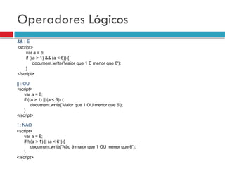 Operadores Lógicos
&& : E
<script>
var a = 6;
if ((a > 1) && (a < 6)) {
document.write('Maior que 1 E menor que 6');
}
</script>
|| : OU
<script>
var a = 6;
if ((a > 1) || (a < 6)) {
document.write('Maior que 1 OU menor que 6');
}
</script>
! : NAO
<script>
var a = 6;
if !((a > 1) || (a < 6)) {
document.write('Não é maior que 1 OU menor que 6');
}
</script>
 