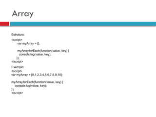 Array
<script>
var myArray = [];
myArray.forEach(function(value, key) {
console.log(value, key);
});
</script>
<script>
var myArray = [0,1,2,3,4,5,6,7,8,9,10];
myArray.forEach(function(value, key) {
console.log(value, key);
});
</script>
Estrutura:
Exemplo:
 