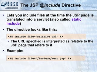 The JSP  @ include  Directive  Lets you include files at the time the JSP page is translated into a servlet (also called  static include ) The directive looks like this:   The URL specified is interpreted  as  relative to the JSP page that refers to it Example: <%@ include file=&quot;relative url&quot; %> <%@ include file=&quot;/ include/ menu.jsp&quot; %> 