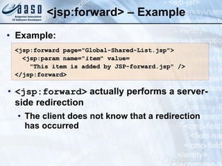 <jsp:forward>  – Example Example: <jsp:forward>  actually performs a server-side redirection The client does not know that a redirection has occurred <jsp:forward page=&quot;Global-Shared-List.jsp&quot;> <jsp:param name=&quot; item &quot; value= &quot;This item is added by JSP-forward.jsp&quot; /> </jsp:forward> 