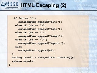 HTML Escaping (2) if (ch == '<') escapedText.append(&quot;&lt;&quot;); else if (ch == '>') escapedText.append(&quot;&gt;&quot;); else if (ch == '&') escapedText.append(&quot;&amp;&quot;); else if (ch == '\&quot;') escapedText.append(&quot;&quot;&quot;); else escapedText.append(ch); } String result = escapedText.toString(); return result; } 