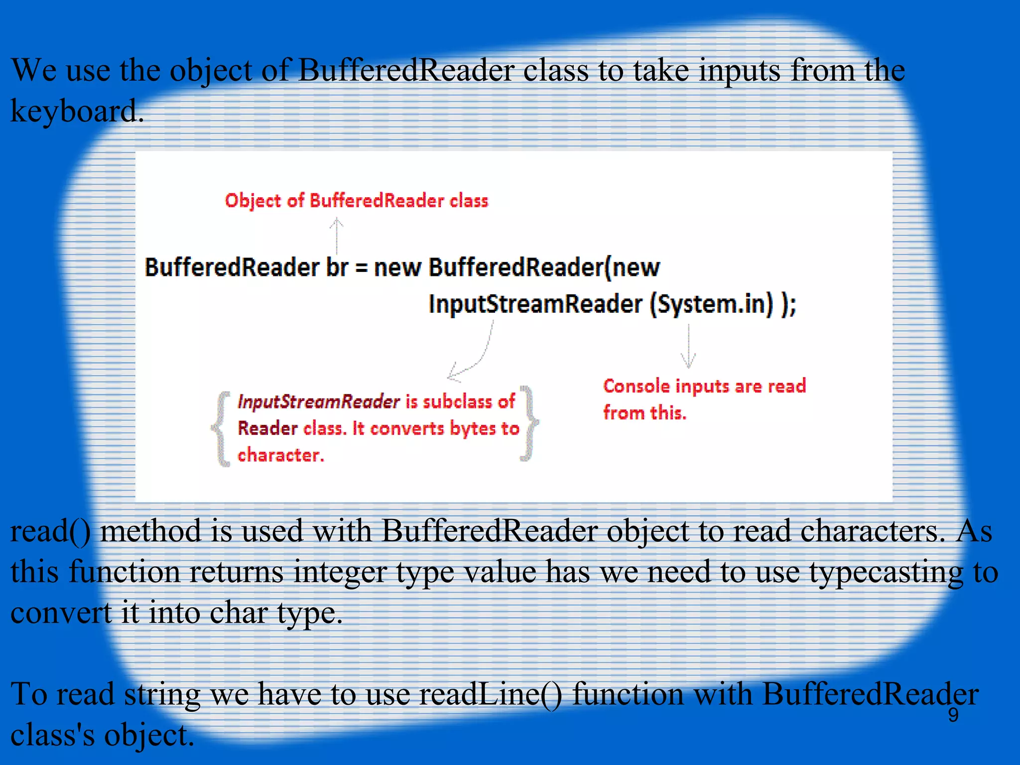 9
We use the object of BufferedReader class to take inputs from the
keyboard.
read() method is used with BufferedReader object to read characters. As
this function returns integer type value has we need to use typecasting to
convert it into char type.
To read string we have to use readLine() function with BufferedReader
class's object.
 