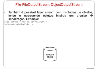 http://publicationslist.org/junio
• Também é possível fazer stream com instâncias de objetos,
lendo e escrevendo objetos inteiros em arquivo 
serialização. Exemplo:
File tanque = new File(“POO.dat”);
tanque.createNewFile();
File-FileOutputStream-ObjectOutputStream
tanque
(File)
 