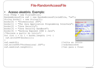 http://publicationslist.org/junio
• Acesso aleatório. Exemplo:
File fTemp = new File(sAFile);
RandomAccessFile raf = new RandomAccessFile(sAFile, "rw");
String books[] = new String[5];
books[0] = "Professional JPP";
books[1] = "The Java Application Programming Interface";
books[2] = "Java Security";
books[3] = "Java Security Handbook";
books[4] = "Hacking Exposed J2EE & Java";
/*Escreve a partir do início*/
for (int i = 0; i < books.length; i++) {
raf.writeUTF(books[i]);
}
raf.seek(0); //volta ao início
raf.writeUTF("Professional JSP"); //sobreescreve
raf.seek(raf.length()); //vai para o final
File-RandomAccessFile
Professional JSP
The Java Application
Programming Interface
Java Security
Java Security Handbook
Hacking Exposed J2EE & Java
 