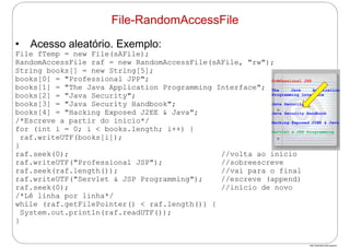 http://publicationslist.org/junio
• Acesso aleatório. Exemplo:
File fTemp = new File(sAFile);
RandomAccessFile raf = new RandomAccessFile(sAFile, "rw");
String books[] = new String[5];
books[0] = "Professional JPP";
books[1] = "The Java Application Programming Interface";
books[2] = "Java Security";
books[3] = "Java Security Handbook";
books[4] = "Hacking Exposed J2EE & Java";
/*Escreve a partir do início*/
for (int i = 0; i < books.length; i++) {
raf.writeUTF(books[i]);
}
raf.seek(0); //volta ao início
raf.writeUTF("Professional JSP"); //sobreescreve
raf.seek(raf.length()); //vai para o final
raf.writeUTF("Servlet & JSP Programming"); //escreve (append)
raf.seek(0); //início de novo
/*Lê linha por linha*/
while (raf.getFilePointer() < raf.length()) {
System.out.println(raf.readUTF());
}
File-RandomAccessFile
Professional JSP
The Java Application
Programming Interface
Java Security
Java Security Handbook
Hacking Exposed J2EE & Java
Servlet & JSP Programming
 