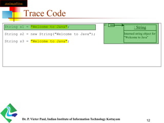 12
Trace Code
String s1 = "Welcome to Java";
String s2 = new String("Welcome to Java");
String s3 = "Welcome to Java";
: String
Interned string object for
"Welcome to Java"
s1
animation
Dr. P. Victer Paul, Indian Institute of Information Technology Kottayam
 