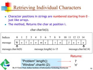 Retrieving Individual Characters
 Character positions in strings are numbered starting from 0 –
just like arrays.
 The method, Returns the char at position i.
char charAt(i);
W e l c o m e t o J a v a
0 1 2 3 4 5 6 7 8 9 10 11 12 13 14
message
Indices
message.charAt(0) message.charAt(14)message.length() is 15
7
’n'
”Problem".length();
”Window".charAt (2);
Returns:
19Dr. P. Victer Paul, Indian Institute of Information Technology Kottayam
 