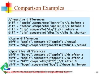 Comparison Examples
//negative differences
diff = “apple”.compareTo(“berry”);//a before b
diff = “Zebra”.compareTo(“apple”);//Z before a
diff = “dig”.compareTo(“dug”);//i before u
diff = “dig”.compareTo(“digs”);//dig is shorter
//zero differences
diff = “apple”.compareTo(“apple”);//equal
diff = “dig”.compareToIgnoreCase(“DIG”);//equal
//positive differences
diff = “berry”.compareTo(“apple”);//b after a
diff = “apple”.compareTo(“Apple”);//a after A
diff = “BIT”.compareTo(“BIG”);//T after G
diff = “huge”.compareTo(“hug”);//huge is longer
Think about sorting names in attendance in alphabetical order 27Dr. P. Victer Paul, Indian Institute of Information Technology Kottayam
 