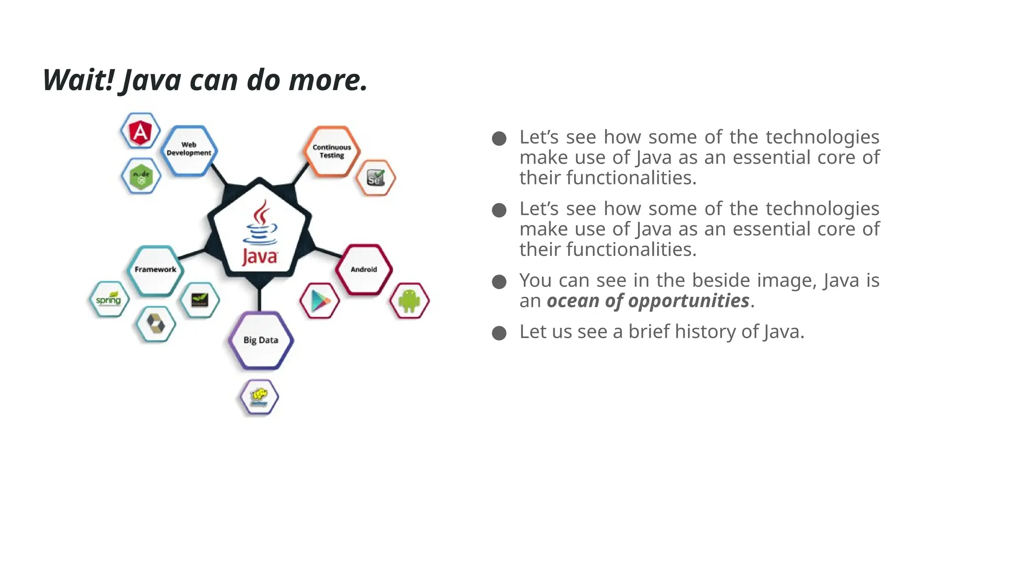 Wait! Java can do more.
● Let’s see how some of the technologies
make use of Java as an essential core of
their functionalities.
● Let’s see how some of the technologies
make use of Java as an essential core of
their functionalities.
● You can see in the beside image, Java is
an ocean of opportunities.
● Let us see a brief history of Java.
 