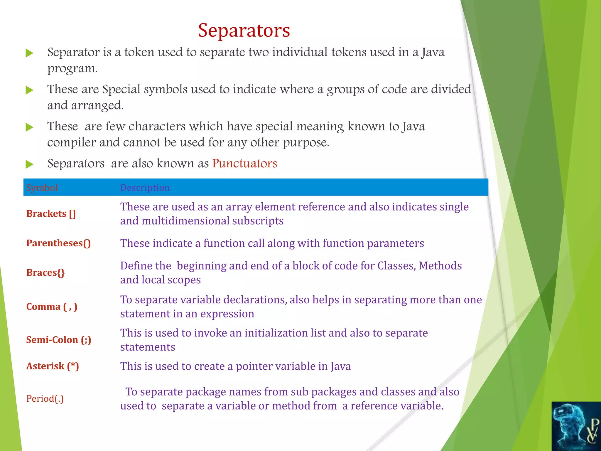  Separator is a token used to separate two individual tokens used in a Java
program.
 These are Special symbols used to indicate where a groups of code are divided
and arranged.
 These are few characters which have special meaning known to Java
compiler and cannot be used for any other purpose.
 Separators are also known as Punctuators
Separators
Symbol Description
Brackets []
These are used as an array element reference and also indicates single
and multidimensional subscripts
Parentheses() These indicate a function call along with function parameters
Braces{}
Define the beginning and end of a block of code for Classes, Methods
and local scopes
Comma ( , )
To separate variable declarations, also helps in separating more than one
statement in an expression
Semi-Colon (;)
This is used to invoke an initialization list and also to separate
statements
Asterisk (*) This is used to create a pointer variable in Java
Period(.)
To separate package names from sub packages and classes and also
used to separate a variable or method from a reference variable.
 