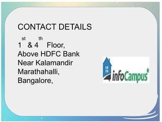 CONTACT DETAILS
1
st
& 4
th
Floor,
Above HDFC Bank
Near Kalamandir
Marathahalli,
Bangalore,
 