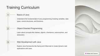 Training Curriculum
1 Basics of Java
Understand the fundamentals of Java programming including variables, data
types, control structures, and functions.
2 Object-Oriented Programming
Learn about concepts like classes, objects, inheritance, polymorphism, and
abstraction.
3 Web Development with Java
Explore Java frameworks like Spring and Hibernate to create dynamic web
applications with ease.
 