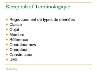Récapitulatif Terminologique Regroupement de types de données Classe Objet Membre Référence Opérateur new Opérateur . Constructeur UML 