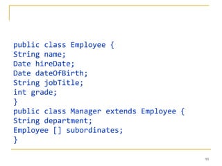 public class Employee { String name; Date hireDate; Date dateOfBirth; String jobTitle; int grade; } public class Manager extends Employee { String department; Employee [] subordinates; } 