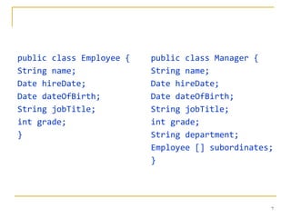 public class Employee {   public class Manager {
String name;              String name;
Date hireDate;            Date hireDate;
Date dateOfBirth;         Date dateOfBirth;
String jobTitle;          String jobTitle;
int grade;                int grade;
}                         String department;
                          Employee [] subordinates;
                          }




                                                  7
 