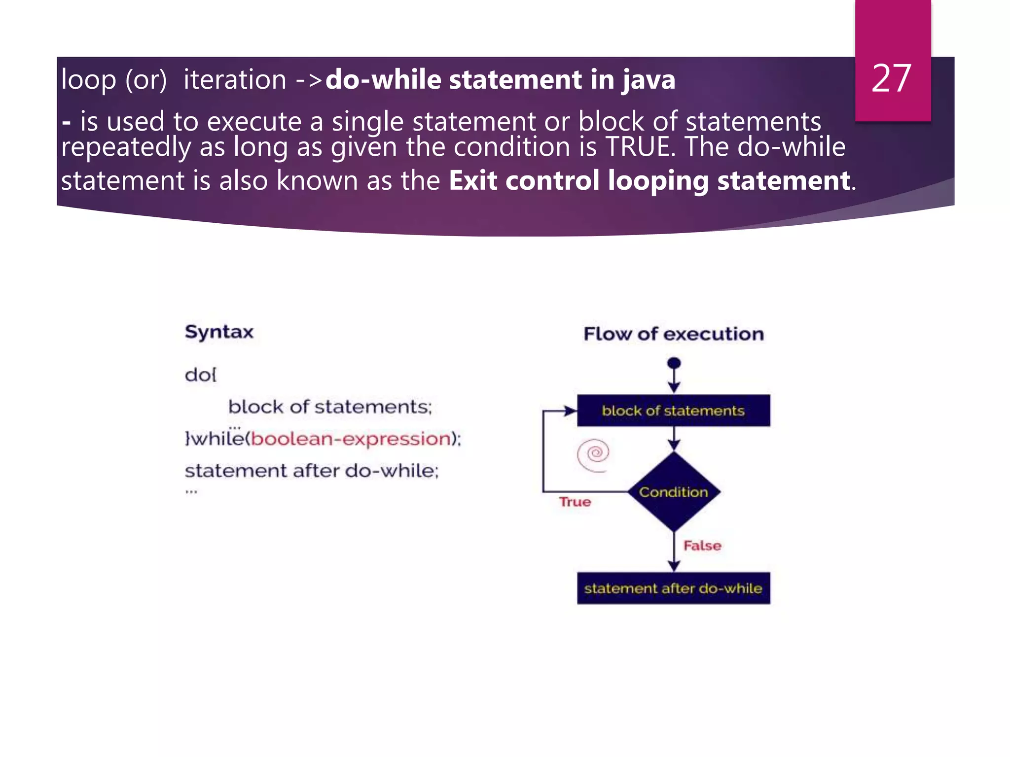 loop (or) iteration ->do-while statement in java - is used to execute a single statement or block of statements repeatedly as long as given the condition is TRUE. The do-while statement is also known as the Exit control looping statement. 27 