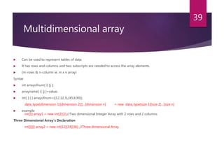 Multidimensional array
 Can be used to represent tables of data
 It has rows and columns and two subscripts are needed to access the array elements.
 (m-rows & n-column ie. m x n array)
Syntax
 int arrayofnum[ i] [j ];
 arrayname[ i] [j ]=value;
 int[ ] [ ] arrayofnum={{12,12,3},{45,8,90}};
data_type[dimension 1][dimension 2][]…[dimension n] = new data_type[size 1][size 2]…[size n]
 example
int[][] array1 = new int[2][2];//Two dimensional Integer Array with 2 rows and 2 columns
Three Dimensional Array’s Declaration
int[][][] array2 = new int[12][24][36]; //Three dimensional Array
39
 