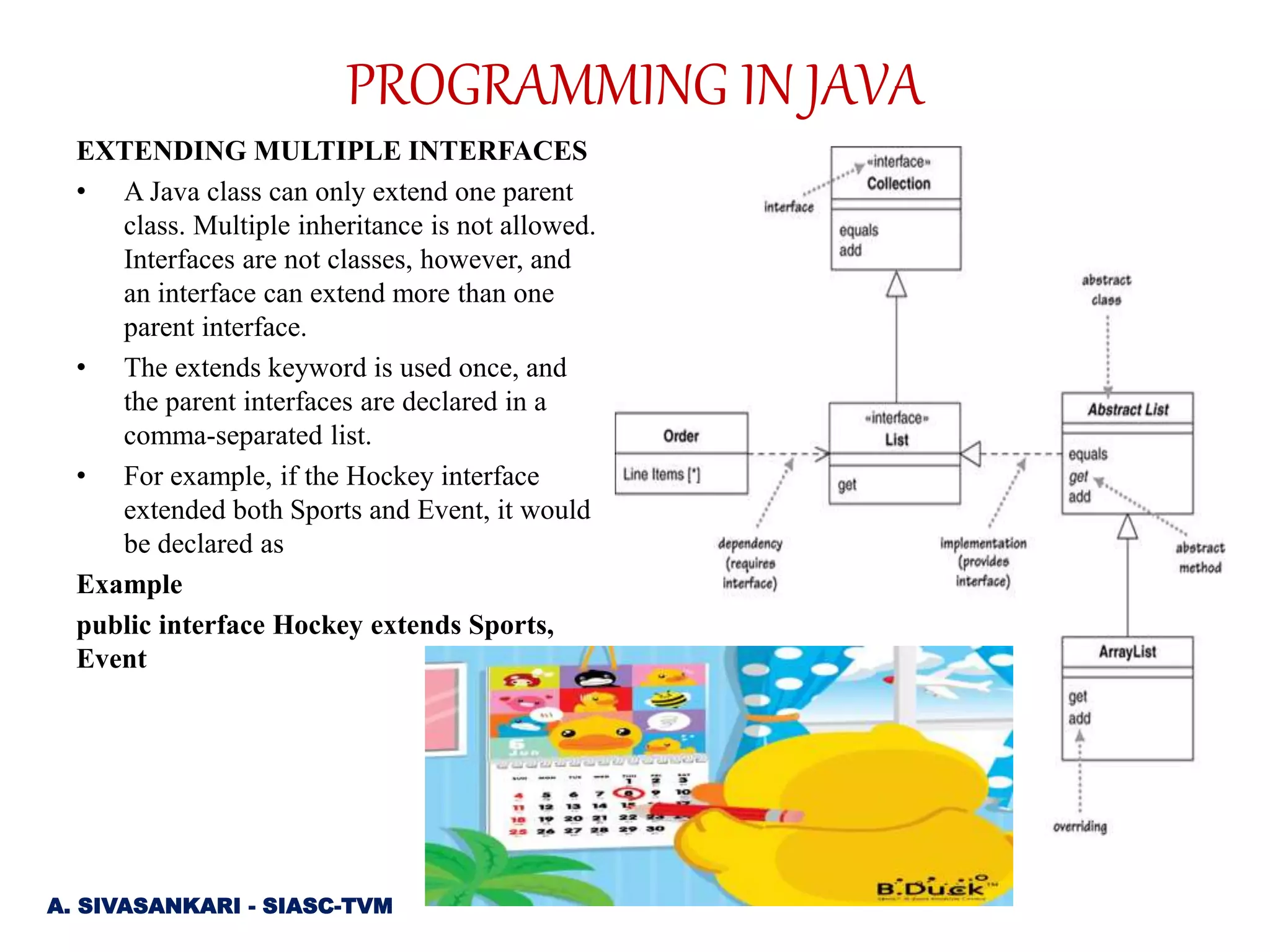 EXTENDING MULTIPLE INTERFACES
• A Java class can only extend one parent
class. Multiple inheritance is not allowed.
Interfaces are not classes, however, and
an interface can extend more than one
parent interface.
• The extends keyword is used once, and
the parent interfaces are declared in a
comma-separated list.
• For example, if the Hockey interface
extended both Sports and Event, it would
be declared as
Example
public interface Hockey extends Sports,
Event
A. SIVASANKARI - SIASC-TVM
PROGRAMMING IN JAVA
 