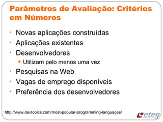 Parâmetros de Avaliação: Critérios
em Números
• Novas aplicações construídas
• Aplicações existentes
• Desenvolvedores
• Utilizam pelo menos uma vez
• Pesquisas na Web
• Vagas de emprego disponíveis
• Preferência dos desenvolvedores
http://www.devtopics.com/most-popular-programming-languages/
 