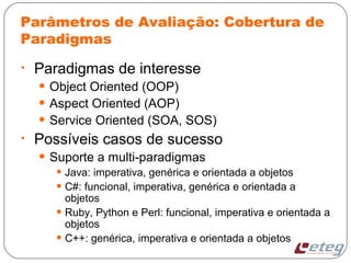 Parâmetros de Avaliação: Cobertura de
Paradigmas
• Paradigmas de interesse
• Object Oriented (OOP)
• Aspect Oriented (AOP)
• Service Oriented (SOA, SOS)
• Possíveis casos de sucesso
• Suporte a multi-paradigmas
• Java: imperativa, genérica e orientada a objetos
• C#: funcional, imperativa, genérica e orientada a
objetos
• Ruby, Python e Perl: funcional, imperativa e orientada a
objetos
• C++: genérica, imperativa e orientada a objetos
 