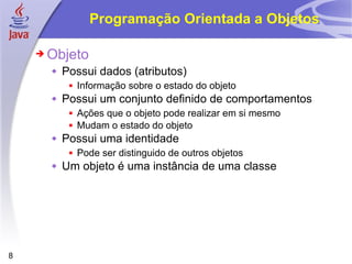 Programação Orientada a Objetos Objeto Possui dados (atributos) Informação sobre o estado do objeto Possui um conjunto definido de comportamentos Ações que o objeto pode realizar em si mesmo Mudam o estado do objeto Possui uma identidade Pode ser distinguido de outros objetos Um objeto é uma instância de uma classe 