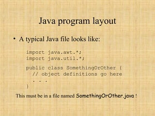 Java program layout
• A typical Java file looks like:
import java.awt.*;
import java.util.*;
public class SomethingOrOther {
// object definitions go here
. . .
}
This must be in a file named SomethingOrOther.java !
 