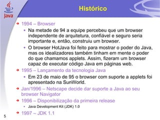 Histórico 1994 – Browser Na metade de 94 a equipe percebeu que um browser independente de arquitetura, confiável e seguro seria importante e, então, construiu um browser. O browser HotJava foi feito para mostrar o poder do Java, mas os idealizadores também tinham em mente o poder do que chamamos applets. Assim, fizeram um browser capaz de executar código Java em páginas web. 1995 – Lançamento da tecnologia Java Em 23 de maio de 95 o browser com suporte a applets foi apresentado na SunWorld. Jan/1996 – Netscape decide dar suporte a Java ao seu browser Navigator 1996 – Disponibilização da primeira release Java Development Kit (JDK) 1.0 1997 – JDK 1.1   