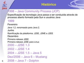 Histórico 1998 – Java Community Process (JCP) Especificação da tecnologia Java passa a ser conduzida através de processo aberto formado pela Sun e usuários Java 1999 Fevereiro Java 1.2, renomeado para Java 2. Junho Ramificação da plataforma: J2SE, J2ME e J2EE Dezembro Primeira release J2EE Primeira release J2SE para Linux 2000 – J2SE 1.3 2002 – J2SE 1.4 2004 – J2SE 1.5 – Java 5 Dez/2006 – Java 6 – Mustang  2008 – Java 7 - Dolphin 
