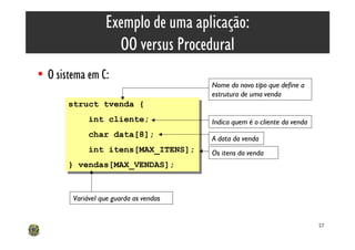 Exemplo de uma aplicação:
                    OO versus Procedural
• O sistema em C:
                                        Nome do novo tipo que define a
                                        estrutura de uma venda
       struct tvenda {
        struct tvenda {
            int cliente;
             int cliente;               Indica quem é o cliente da venda
             char data[8];
              char data[8];             A data da venda
             int itens[MAX_ITENS];
              int itens[MAX_ITENS];     Os itens da venda
       } vendas[MAX_VENDAS];
        } vendas[MAX_VENDAS];


        Variável que guarda as vendas


                                                                           57
 