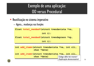 Exemplo de uma aplicação:
                   OO versus Procedural
• Reutilização no sistema imperativo
   – Agora... mudanças nas funções
     float total_vendasV(struct tvendavista *va,
      float total_vendasV(struct tvendavista *va,
                          int i);
                           int i);
     float total_vendasP(struct tvendaprazo *vp,
      float total_vendasP(struct tvendaprazo *vp,
                          int i);
                           int i);

     int add_itemv(struct tvendavista *va, int cli,
      int add_itemv(struct tvendavista *va, int cli,
                    char *data)
                     char *data)
     int add_itemv(struct tvendavista *va, int cli,
      int add_itemv(struct tvendavista *va, int cli,
                    char *data)
                     char *data)      Código difícil de manter!
                                             Duplicação desnecessária!   70
 