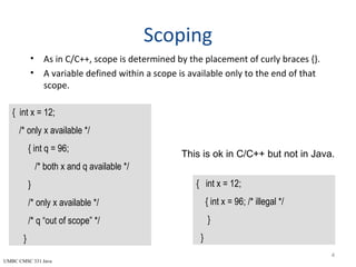 UMBC CMSC 331 Java
Scoping
• As in C/C++, scope is determined by the placement of curly braces {}.
• A variable defined within a scope is available only to the end of that
scope.
4
{ int x = 12;
/* only x available */
{ int q = 96;
/* both x and q available */
}
/* only x available */
/* q “out of scope” */
}
{ int x = 12;
{ int x = 96; /* illegal */
}
}
This is ok in C/C++ but not in Java.
 