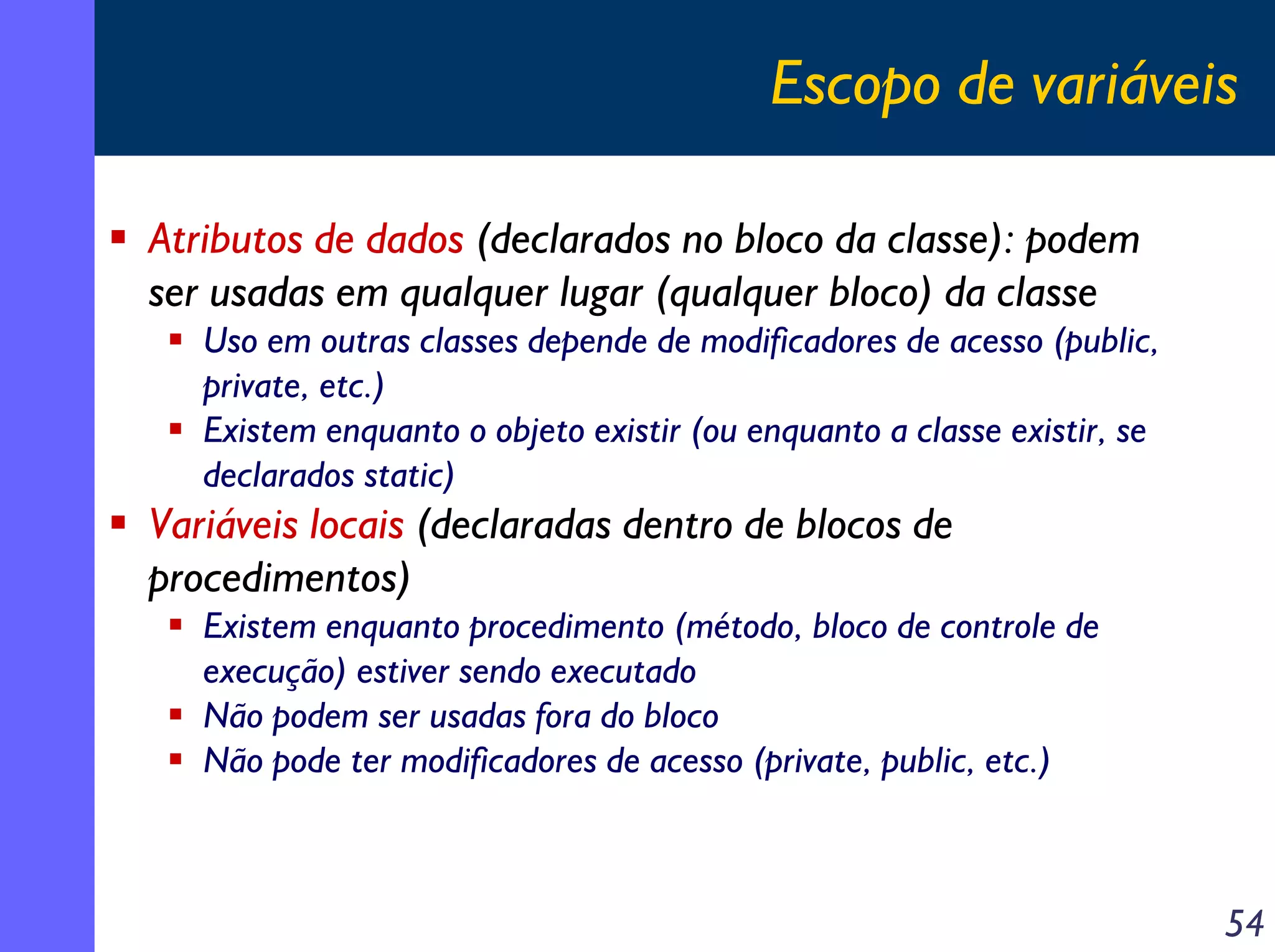 Escopo de variáveis
Atributos de dados (declarados no bloco da classe): podem
ser usadas em qualquer lugar (qualquer bloco) da classe
Uso em outras classes depende de modificadores de acesso (public,
private, etc.)
Existem enquanto o objeto existir (ou enquanto a classe existir, se
declarados static)

Variáveis locais (declaradas dentro de blocos de
procedimentos)
Existem enquanto procedimento (método, bloco de controle de
execução) estiver sendo executado
Não podem ser usadas fora do bloco
Não pode ter modificadores de acesso (private, public, etc.)

54

 