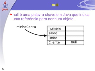 null null é uma palavra chave em Java que indica uma referência para nenhum objeto. 