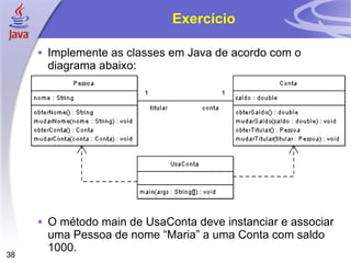 Exercício Implemente as classes em Java de acordo com o diagrama abaixo: O método main de UsaConta deve instanciar e associar uma Pessoa de nome “Maria” a uma Conta com saldo 1000.  