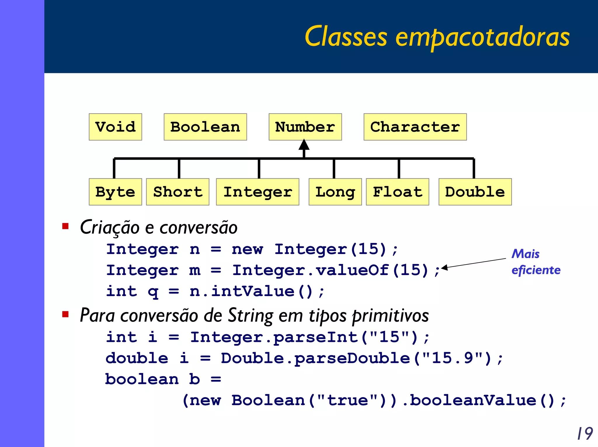 Classes empacotadoras
Void

Byte

Boolean

Short

Number

Integer

Long

Character

Float

Double

Criação e conversão
Integer n = new Integer(15);
Integer m = Integer.valueOf(15);
int q = n.intValue();

Mais
eficiente

Para conversão de String em tipos primitivos
int i = Integer.parseInt("15");
double i = Double.parseDouble("15.9");
boolean b =
(new Boolean("true")).booleanValue();

19

 