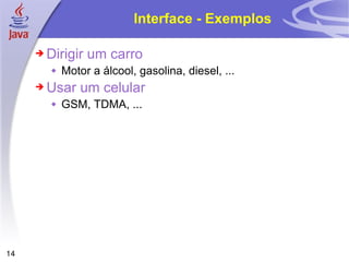Interface - Exemplos Dirigir um carro Motor a álcool, gasolina, diesel, ... Usar um celular GSM, TDMA, ... 