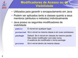 Modificadores de Acesso ou de Visibilidade Utilizados para garantir o encapsulamento em Java Podem ser aplicados tanto a classes quanto a seus membros (atributos e métodos) individualmente Java possui os seguintes modificadores de visibilidade public   É visível em qualquer lugar. protected   Só é visível na mesma classe e em suas subclasses. package   Default. Só é visível em classes do mesmo pacote. Não existe modificador com este nome.   A ausência de modificador o torna package. private   Só é visível dentro da mesma classe. 