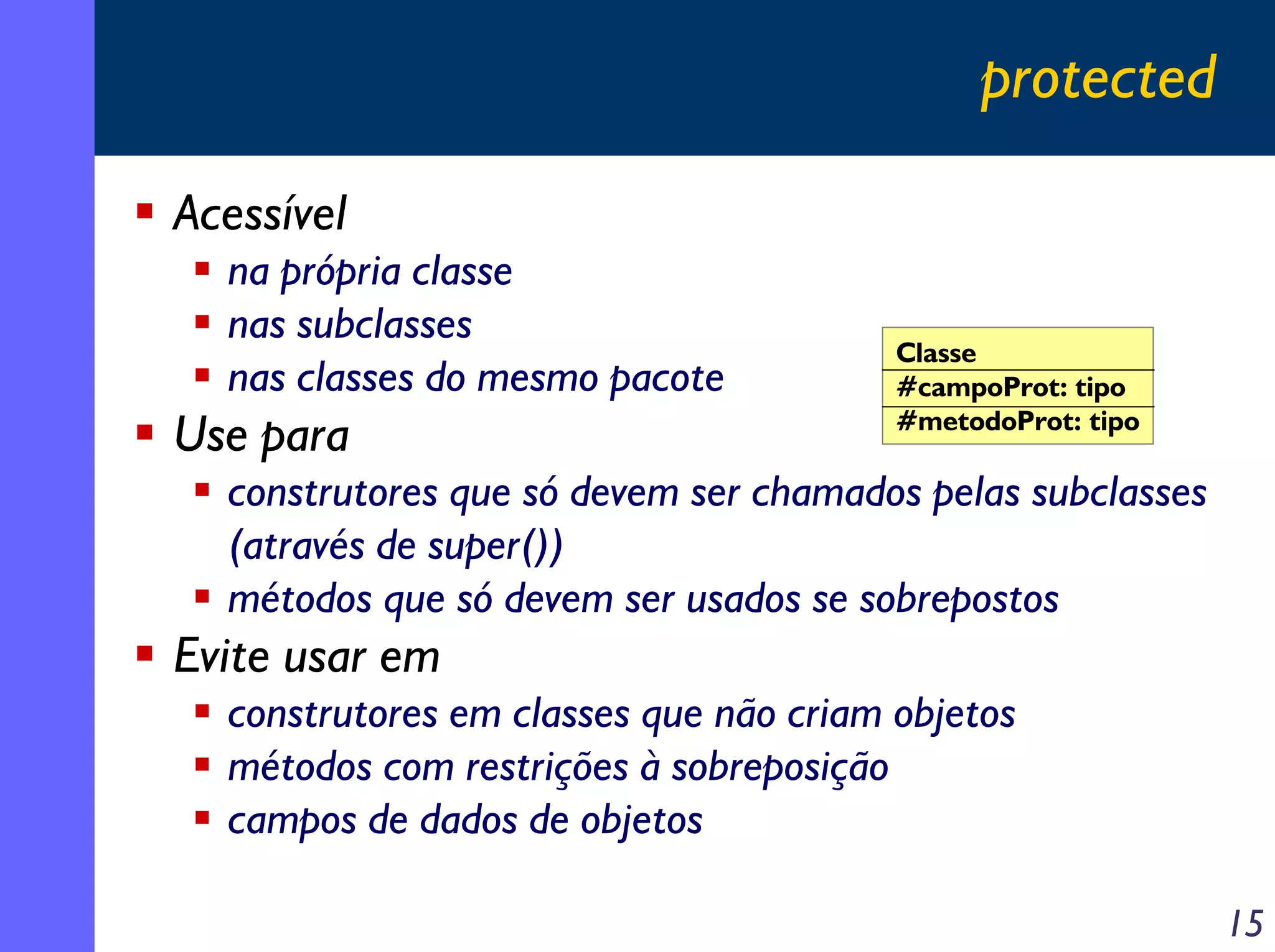 protected
Acessível
na própria classe
nas subclasses
nas classes do mesmo pacote

Use para

Classe
#campoProt: tipo
#metodoProt: tipo

construtores que só devem ser chamados pelas subclasses
(através de super())
métodos que só devem ser usados se sobrepostos

Evite usar em
construtores em classes que não criam objetos
métodos com restrições à sobreposição
campos de dados de objetos
15

 