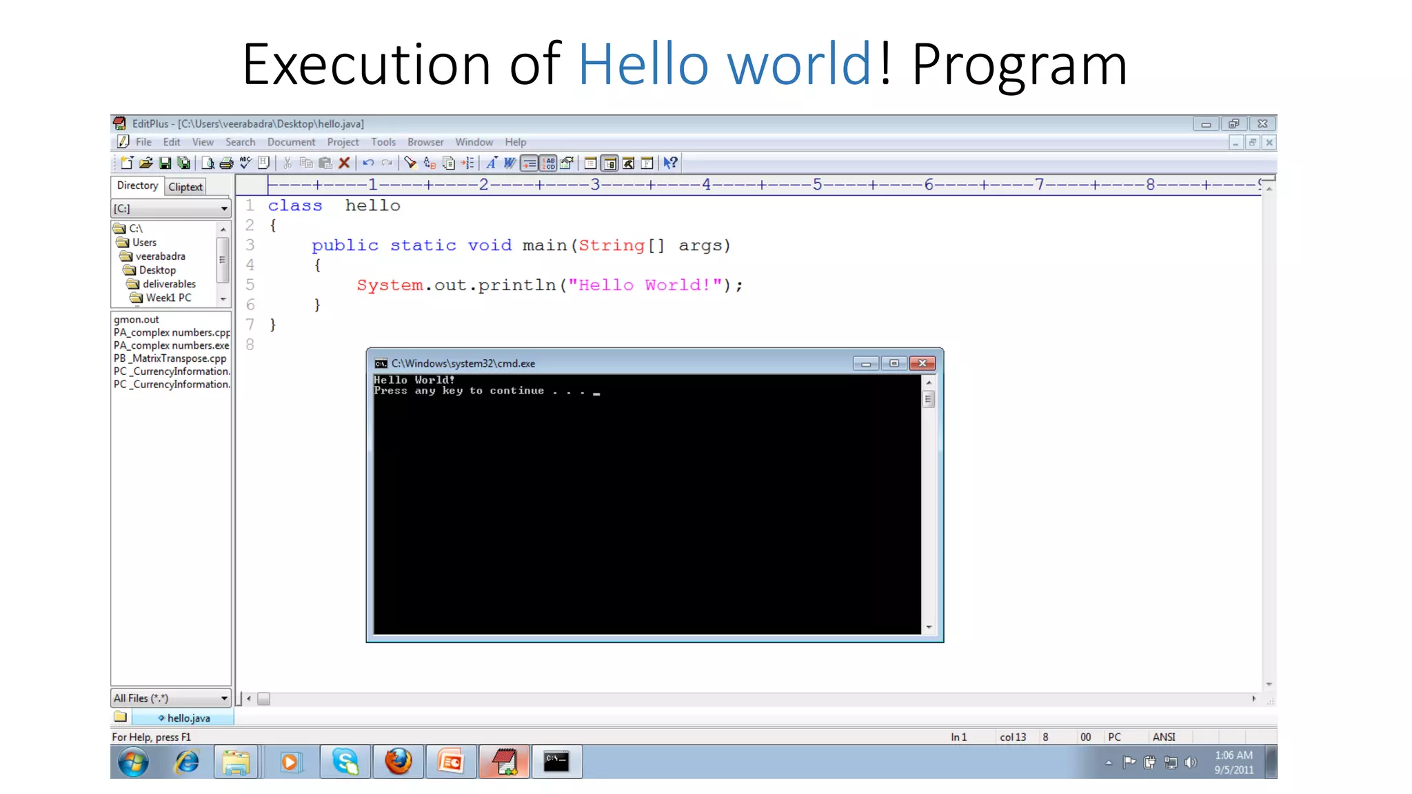 Execution of Hello world! Program 
 