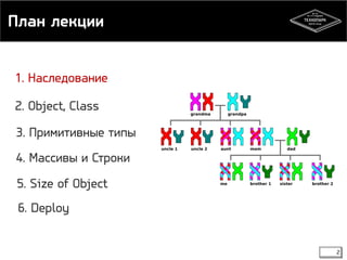 План лекции 
2 
1. Наследование 
2. Object, Class 
3. Примитивные типы 
4. Массивы и Строки 
5. Size of Object 
6. Deploy 
 