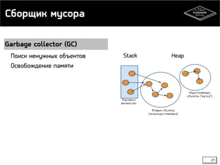 Сборщик мусора 
Garbage collector (GC) 
Поиск ненужных объектов Stack Heap 
Освобождение памяти 
21 
 