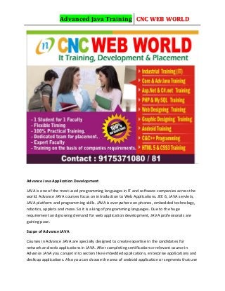 Advanced Java Training CNC WEB WORLD
Advance Java Application Development
JAVA is one of the most used programming languages in IT and software companies across the
world. Advance JAVA courses focus on introduction to Web Applications. JEE 6, JAVA servlets,
JAVA platform and programming skills. JAVA is everywhere on phones, embedded technology,
robotics, applets and more. So it is a king of programming languages. Due to the huge
requirement and growing demand for web application development, JAVA professionals are
gaining pace.
Scope of Advance JAVA
Courses in Advance JAVA are specially designed to create expertise in the candidates for
network and web applications in JAVA. After completing certification or relevant course in
Advance JAVA you can get into sectors like embedded applications, enterprise applications and
desktop applications. Also you can choose the area of android application or segments that use
 