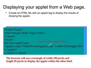 Displaying your applet from a Web page.
• Create an HTML file with an applet tag to display the results of
drawing the applet.
<html><head>
<title>Simple Hello Page</title>
</head>
<body>
My Java applet says:
<applet code=“HelloWorldApplet.class” width=150 height=25>
</applet>
</body></html>
Name of your applet class.
The browser will use a rectangle of width 150 pixels andThe browser will use a rectangle of width 150 pixels and
height 25 pixels to display the applet within the other html.height 25 pixels to display the applet within the other html.
 