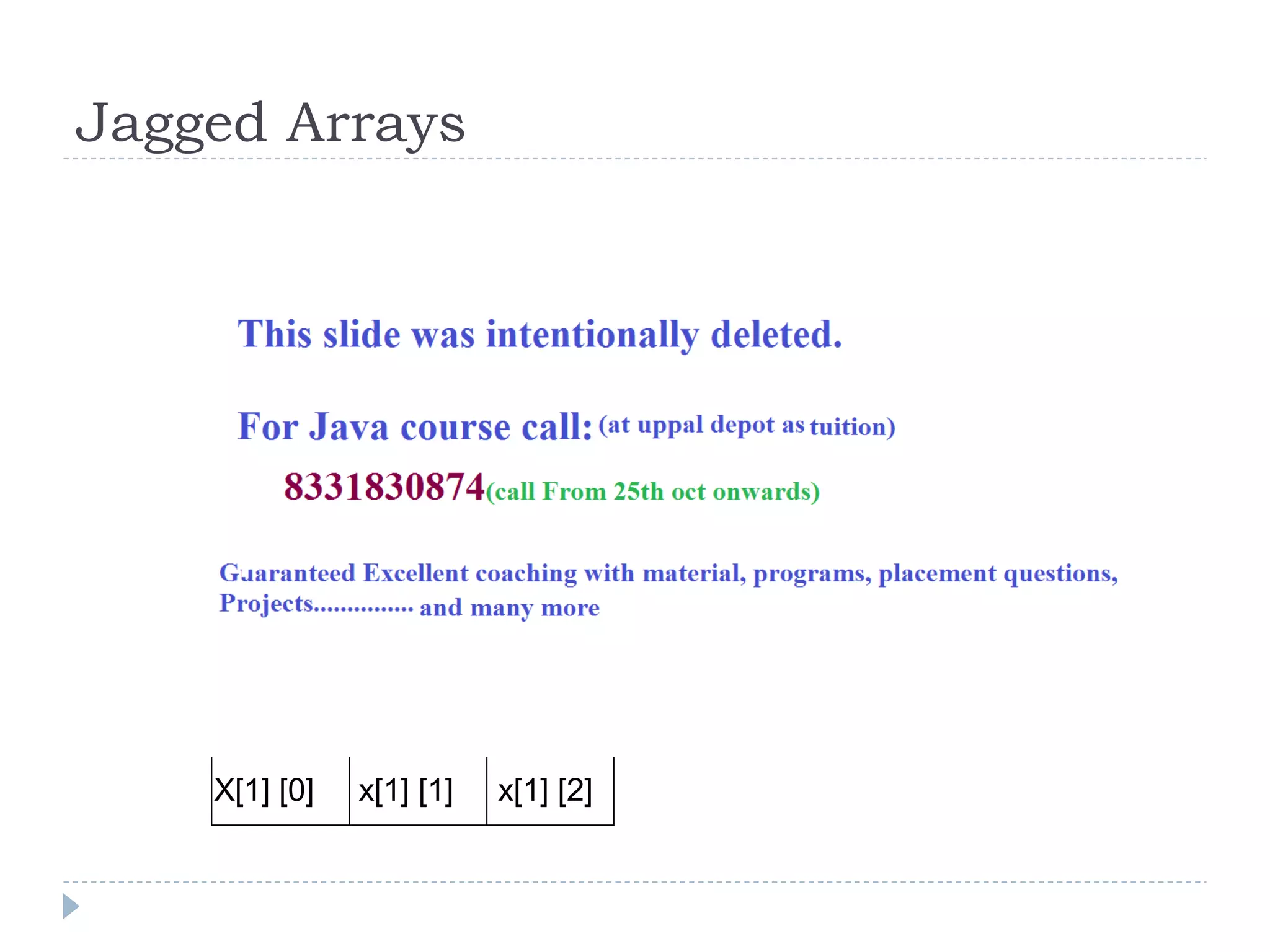 Jagged Arrays
X[0] [0] x[0] [1]
X[1] [0] x[1] [1] x[1] [2]
 