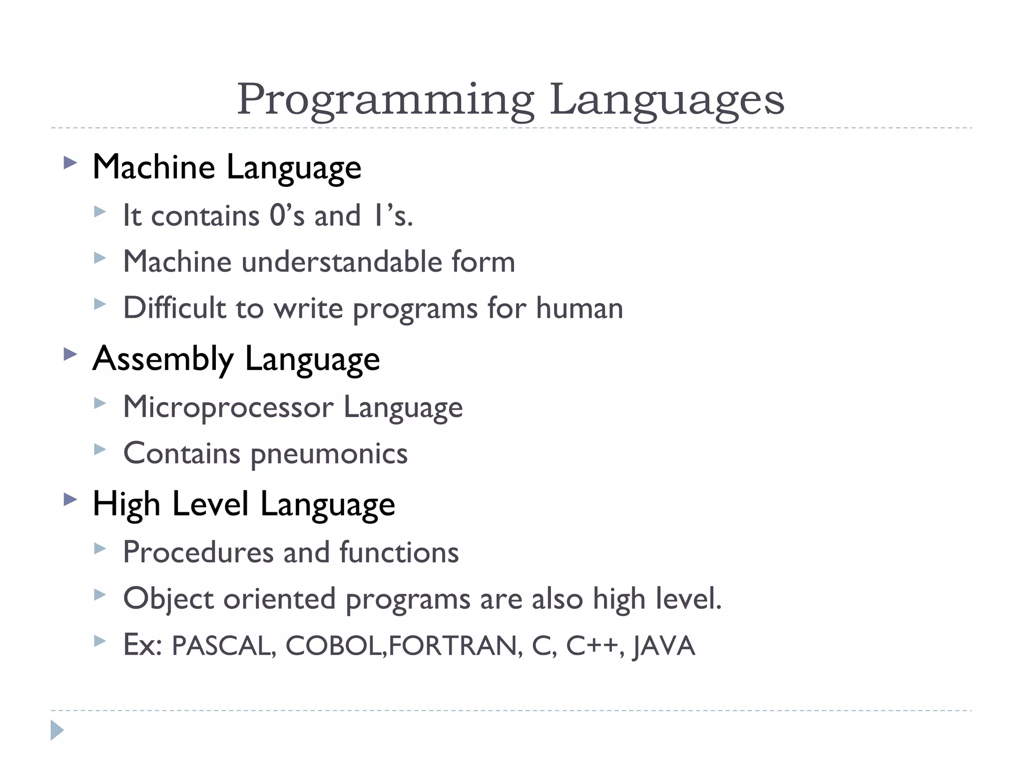 Programming Languages
 Machine Language
 It contains 0’s and 1’s.
 Machine understandable form
 Difficult to write programs for human
 Assembly Language
 Microprocessor Language
 Contains pneumonics
 High Level Language
 Procedures and functions
 Object oriented programs are also high level.
 Ex: PASCAL, COBOL,FORTRAN, C, C++, JAVA
 